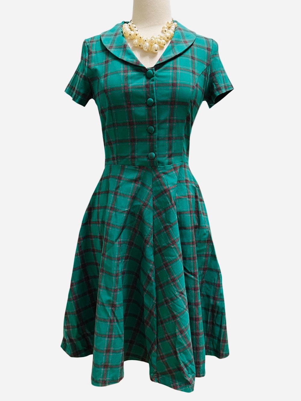 NWOT-1950s -SWING DRESS Green Plaid Fit-and-Flare Dress